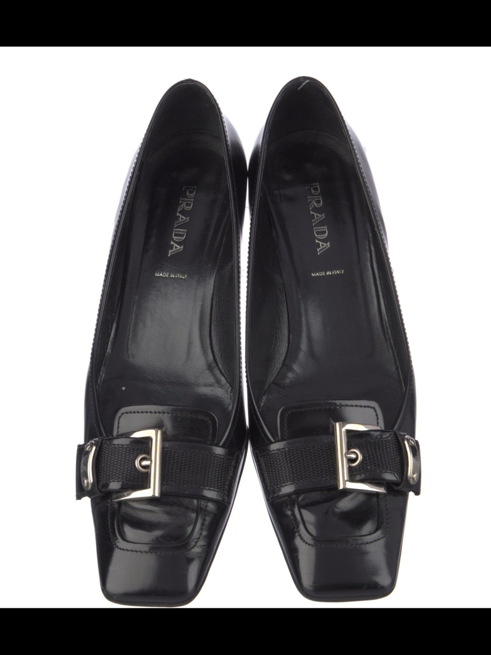 Prada Black Leather Square-Toe Flats with Buckle